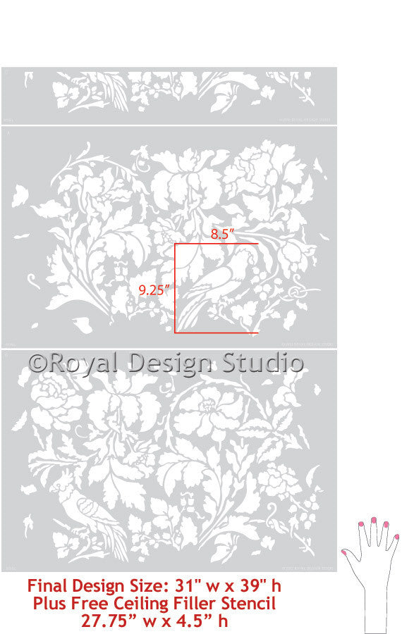 Flowers and bird damask wall stencils for painting elegant floral wall decor - Royal Design Studio