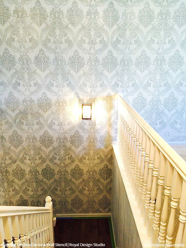 Painted Hallway Walls Stencils Modern Damask Pattern - Royal Design Studio