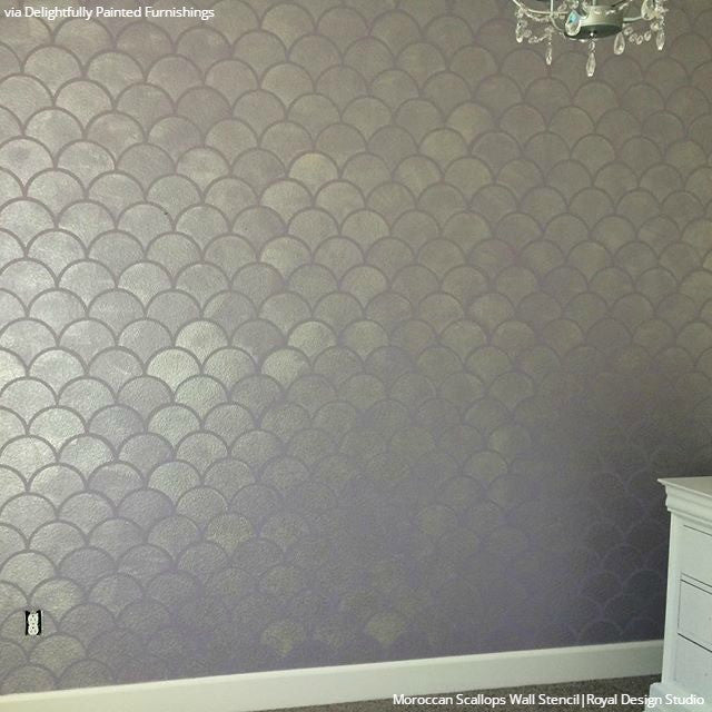 Metallic Silver Accent Wall Stencils for Painting Chic Design - Moroccan Scallops Wall Stencils - Royal Design Studio