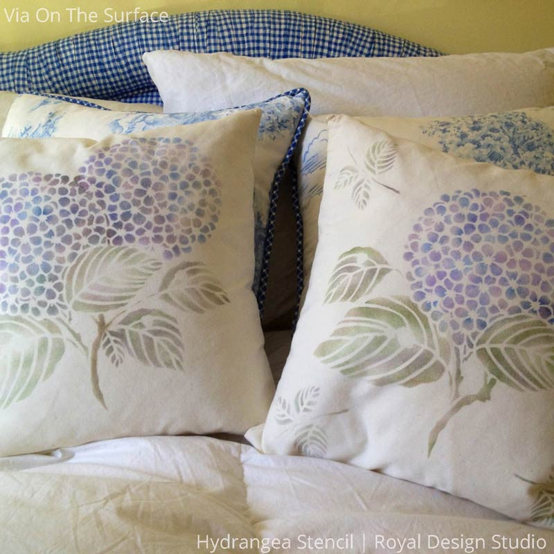 Painted DIY Pillows with Classic Japanese Pattern and Hydrangea Flower Stencils - Royal Design Studio