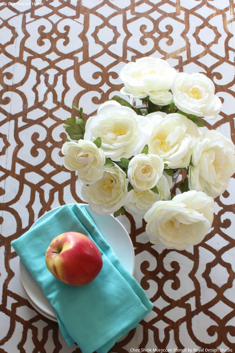 White Chalk Paint Painted Table Top - Boho Vintage Style with Chez Sheik Moroccan Furniture Stencils - Royal Design Studio