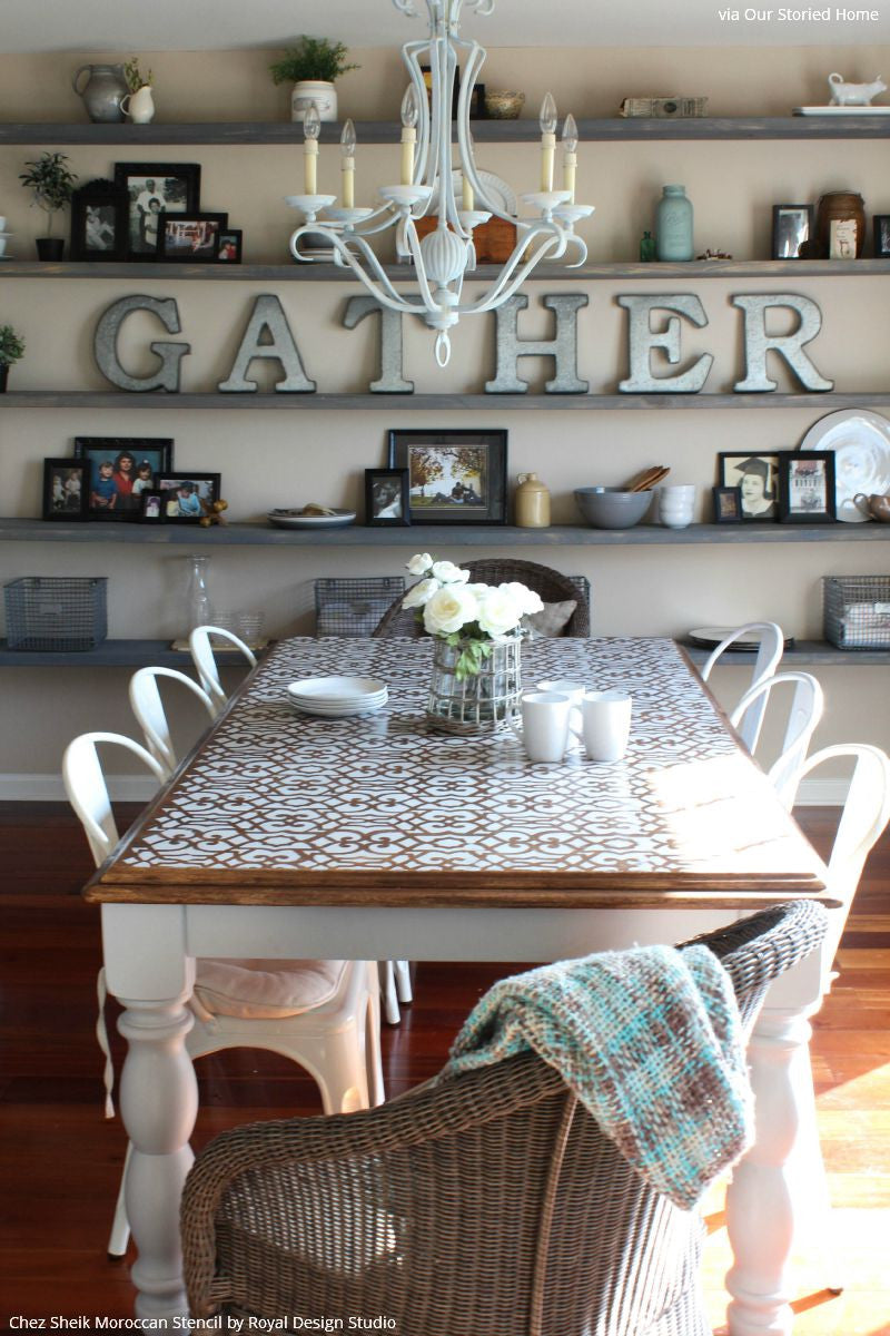 White Chalk Paint Painted Table Top - Boho Vintage Style with Chez Sheik Moroccan Furniture Stencils - Royal Design Studio