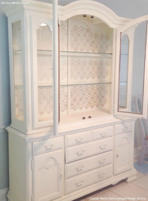 White Painted Cabinet with Casbah Trellis Moroccan Furniture Stencils for Painting Pattern - Royal Design Studio