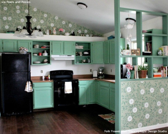 Retro Vintage Folk Flower Wall Stencils in DIY Kitchen Makeover - Royal Design Studio