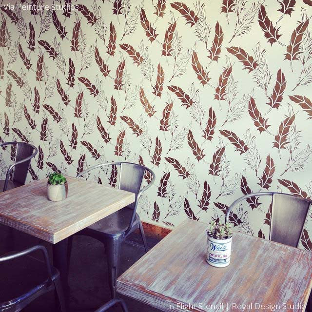 Designer Wallpaper Look with Affordable and Easy to Use In Flight Feather Wall Stencils - Royal Design Studio