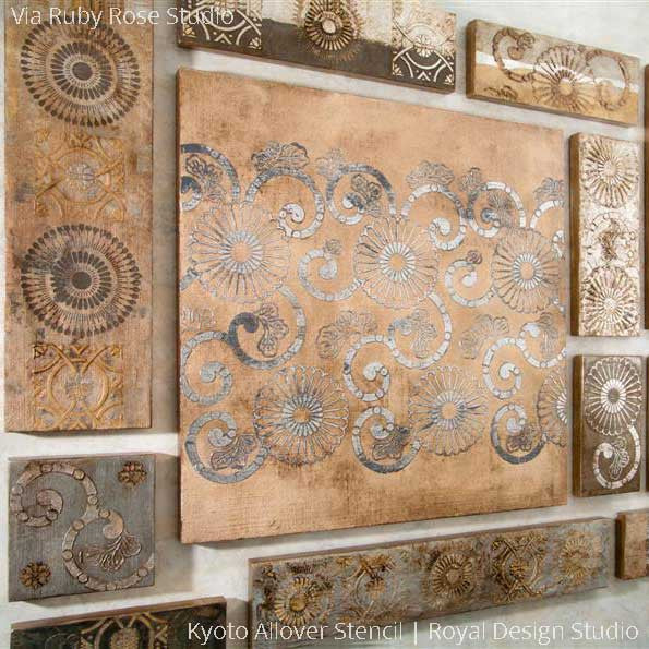 Metallic Bronze and Copper Wall Art Painted with Oriental Pattern - Kyoto Allover Flower Wall Stencils - Royal Design Studio