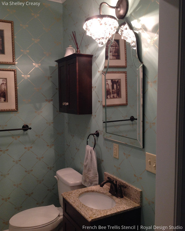 Pastel Blue and Metallic Silver Bathroom Makeover with Wallpaper Look - French Bee Trellis Wall Stencils - Royal Design Studio