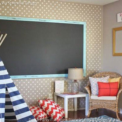 Kids Playroom Decorating with DIY Decor - Stars Wallpaper Pattern using Wall Stencils - Royal Design Studio