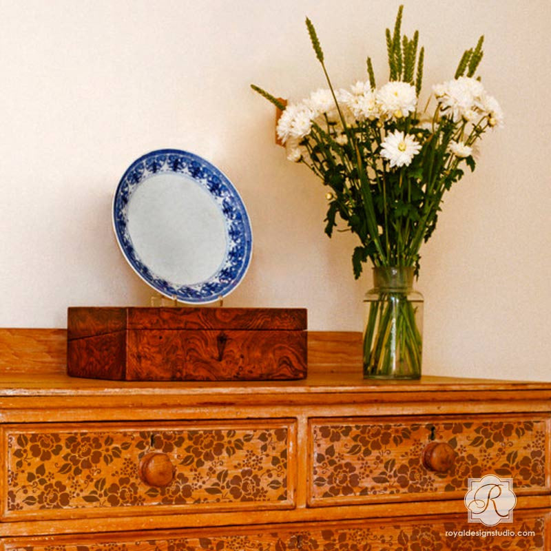 Painted Dresser Drawers with Rose Stencils - Flower Stencils by Royal Design Studio