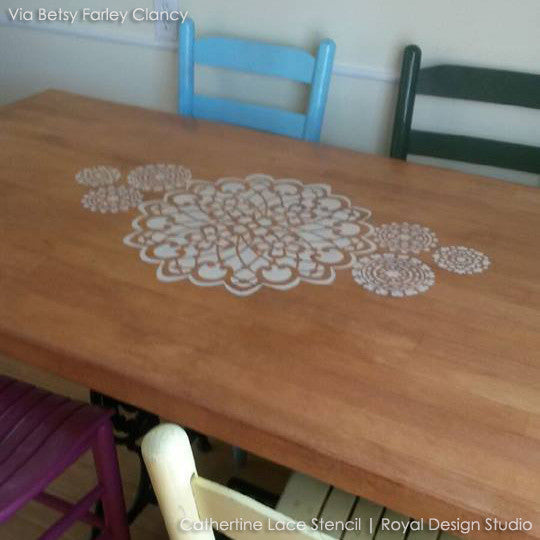 Painted Furniture and Table Tops with Lace Designs and Lace Stencils