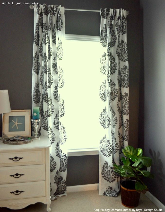 Painted Fabric and DIY Curtains with Rani Paisley Indian Damask Wall Stencils - Royal Design Studio
