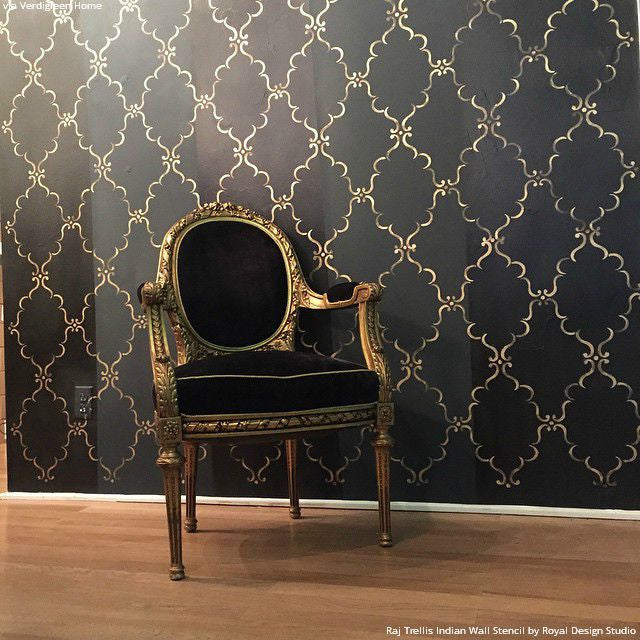 Black and Gold Elegant Accent Wall Painted with Raj Trellis Indian Wall Stencils - Royal Design Studio