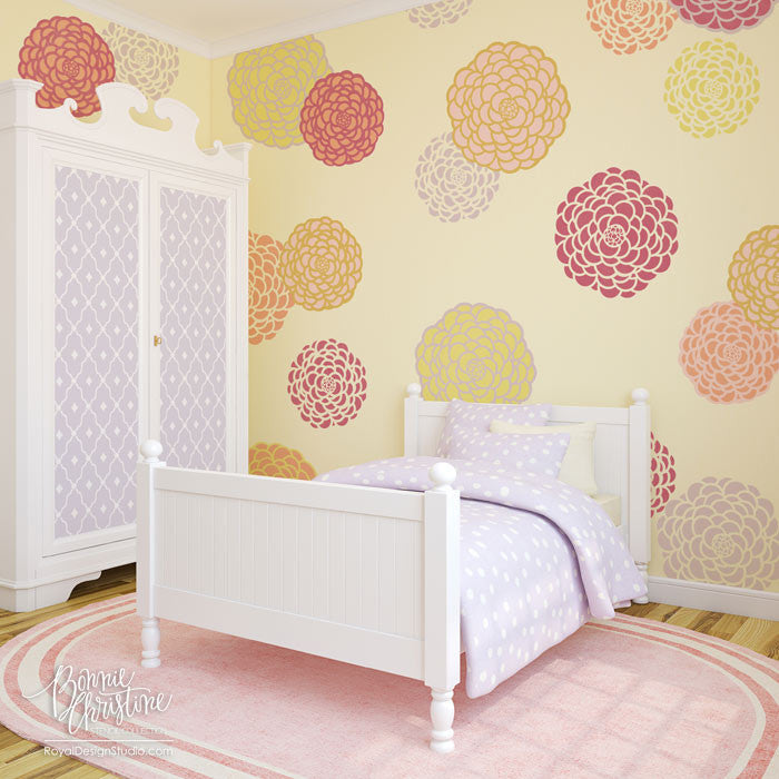 Baby Nursery Decor or Little Girls Bedroom Decor - Painted Flowers on Walls - Floral Wall Art Stencils from Royal Design Studio