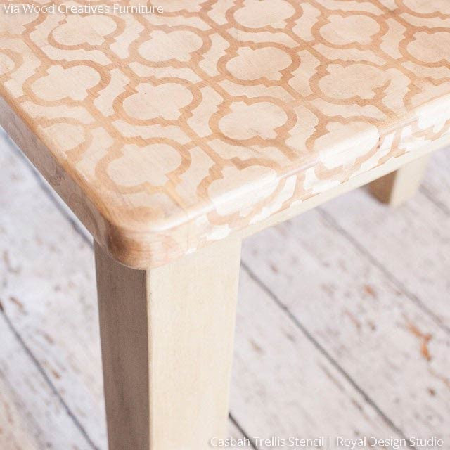 Neutral Chalk Paint Painted Wood Table Top with Casbah Trellis Moroccan Furniture Stencils - Royal Design Studio