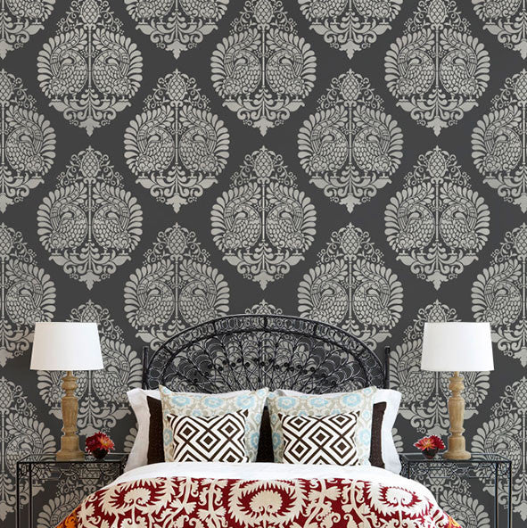 Painting a Large Pattern on Walls - Indian Annapakshi Bird Damask Wall Stencil by Royal Design Studio Stencils