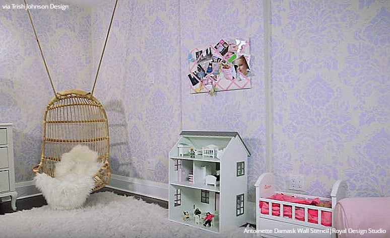 Modern Purple Vintage Nursery Decor Idea - Wallpaper Wall Stencils - Royal Design Studio