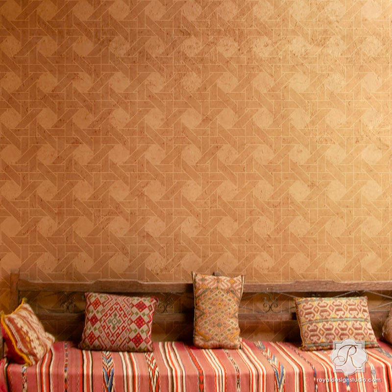 Bohemian Style Room Makeover using Wall Texture Design - Interwoven Basketweave Wall Stencils - Royal Design Studio