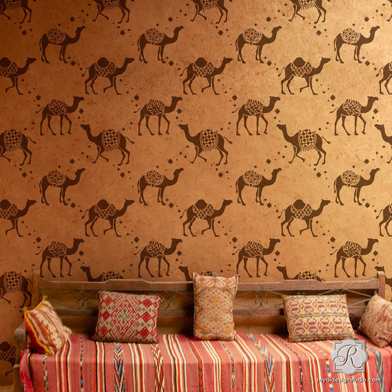 Bohemian Moroccan Decor with Camel Wallpaper Wall Stencils - Royal Design Studio