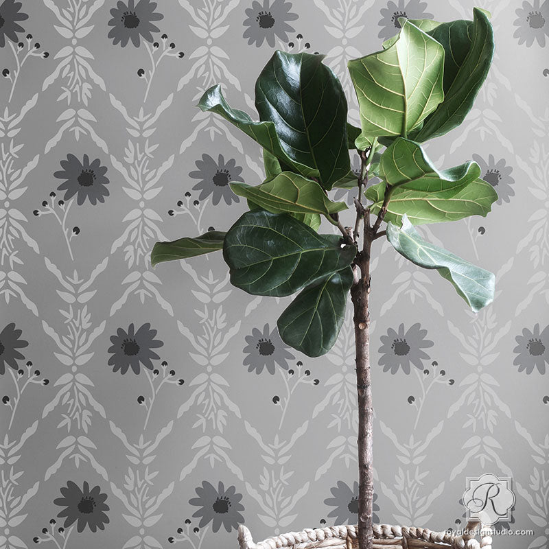 Modern Flower Pattern Painted on Accent Wall - Wall Stencils by Royal Design Studo