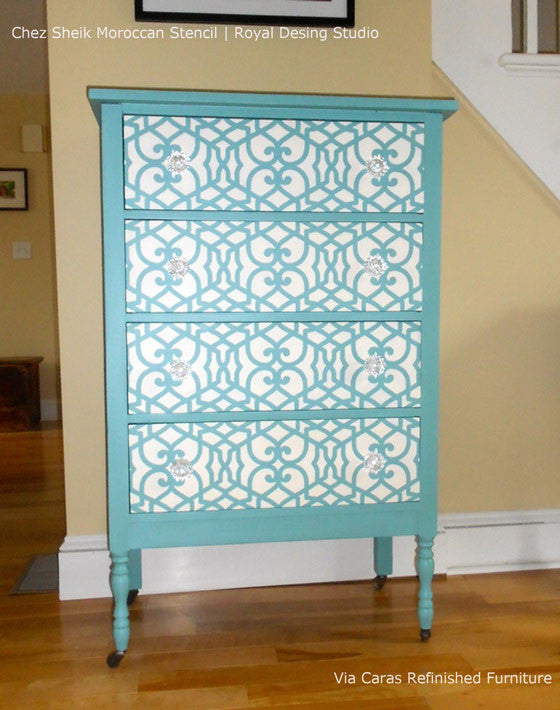 Chez Sheik Craft Stencil by Royal Design Studio Allover Pattern on Dresser Drawers