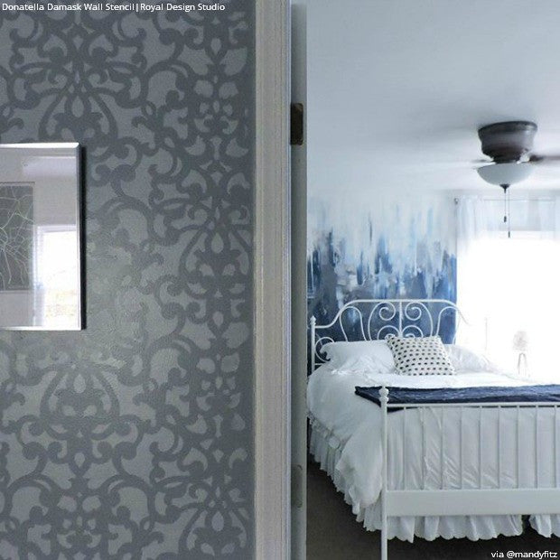 Modern Gray Damask Wallpaper Wall Stencils - Designer Donatella Damask Wall Stencils - Royal Design Studio