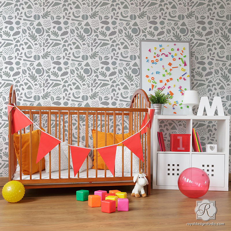 Painting Nursery Decor with Modern Geometric Shapes Wall Stencils - Royal Design Studio