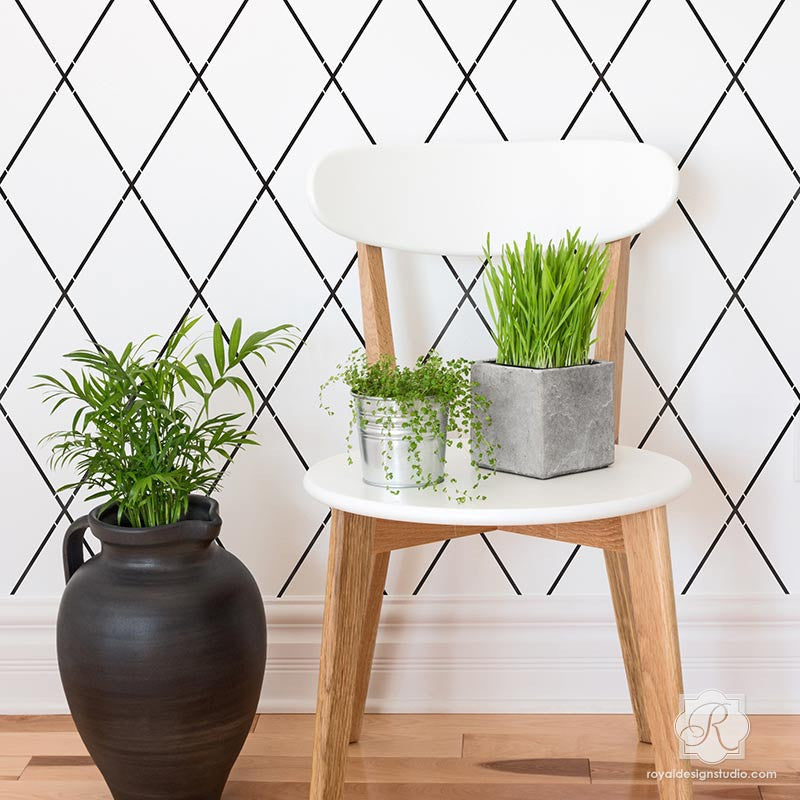 Sleek, Chic, and Modern Diamond Trellis and Herringbone Wall Stencils from Royal Design Studio