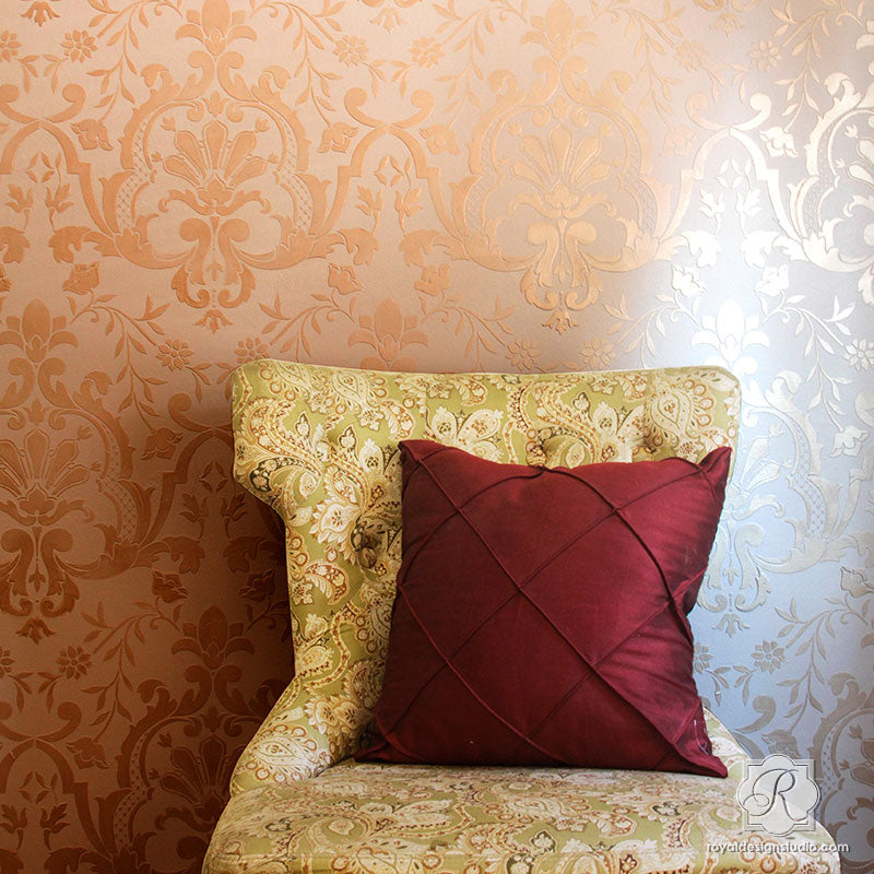 Elegant Damask Wallpaper Wall Stencils for Boho Chic Anthropologie Interior Design - Royal Design Studio