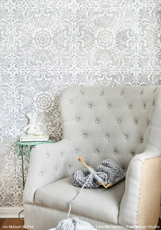Shabby Chic Lace Tile Stencils for Lacy Patterns and Romantic Sweet Cute Wall Decor - Royal Design Studio Wall Stencils