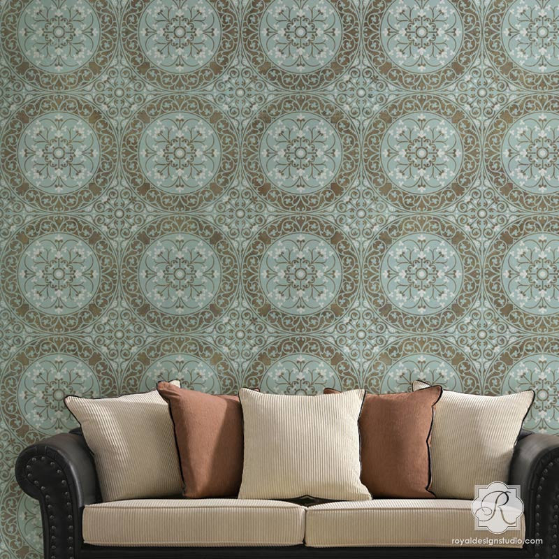 Paint your walls with an elegant damask tile pattern - Aragon Damask Tile Wall Stencils - Royal Design Studio