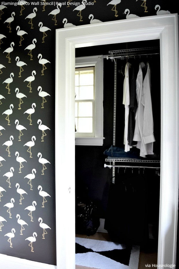 Decorating Closet Bathroom Walls with Bold Wallpaper Pattern - Flamingo Deco Wall Stencils - Royal Design Studio