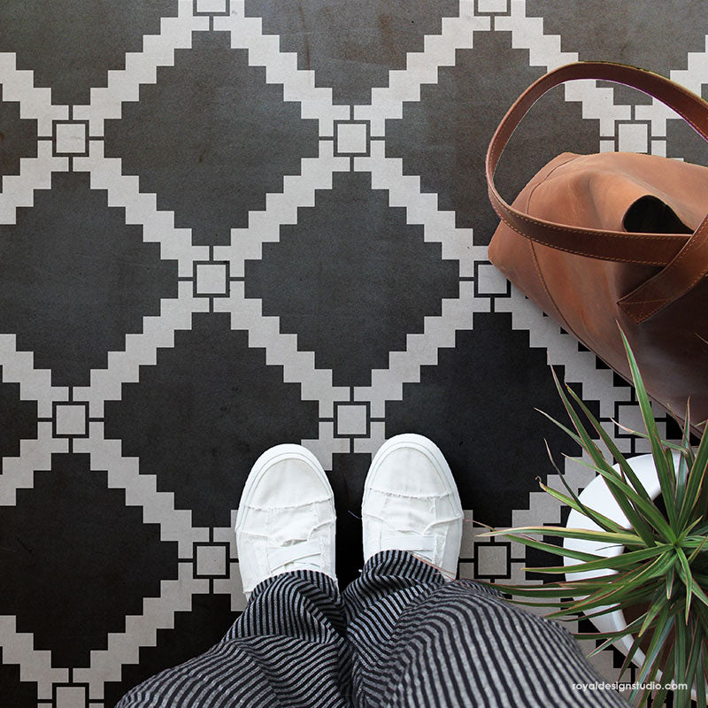 Black and White Tile Floors - Tiled Floor Stencils - Large Modern Tile Stencils for Painting - Royal Design Studio