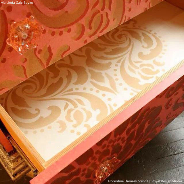 Painted Patterns in Dresser Drawers - Florentine Classic Damask Stencils - Royal Design Studio