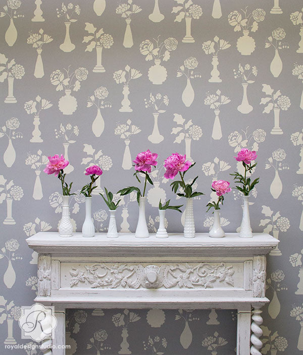 Allover Wall Vintage Vases Stencil by Bonnie Christine for Royal Design Studio