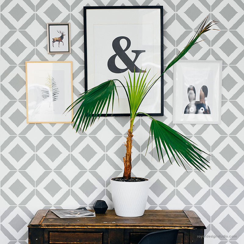 Modern Bohemian Wallpaper - Decorative Wall Pattern for Renters - Birds Eye Ikat Pattern Tile Stencils - Royal Design Studio Stencils