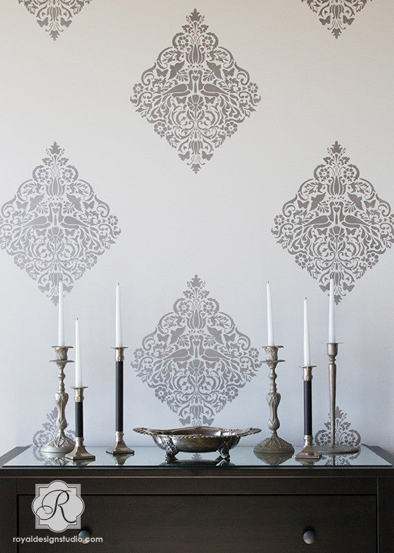 Wall Painting Stencils - Love Birds Lace Damask Wall Stencils from Royal Design Studio