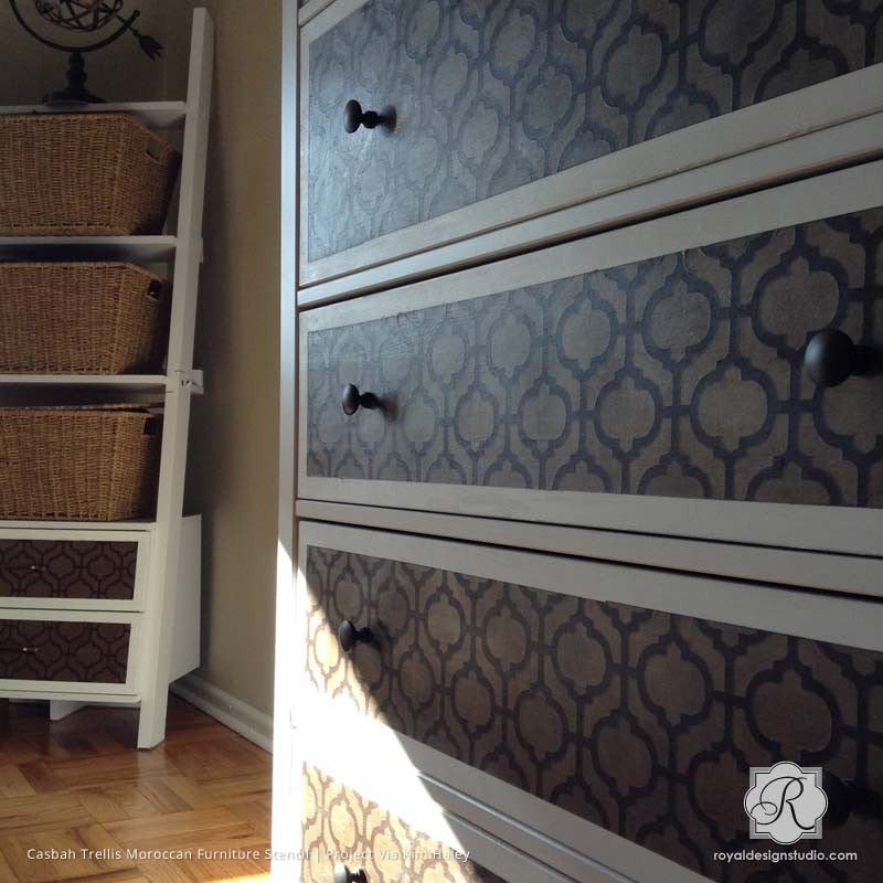 Metallic Moroccan Designs Panted on Furniture with Trellis Furniture Stencils - Royal Design Studio