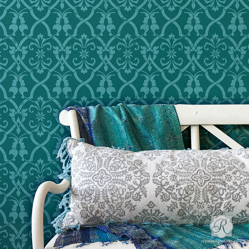 Boho Chic Glam Accent Wall Painting Idea Large Trellis Wall Stencils - Royal Design Studio