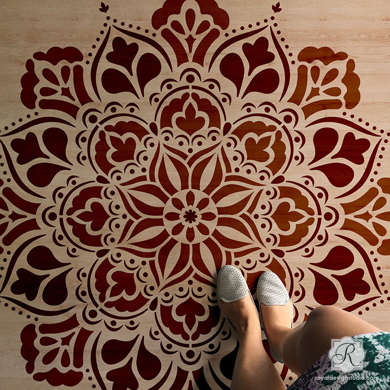 Custom Wood Floor Design with Painted Mandala Art - Royal Design Studio Stencils for Decorating - XL
