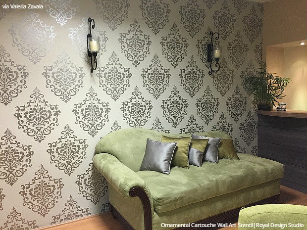 Living Room Wall Art Stencils Large Damask Pattern - Royal Design Studio