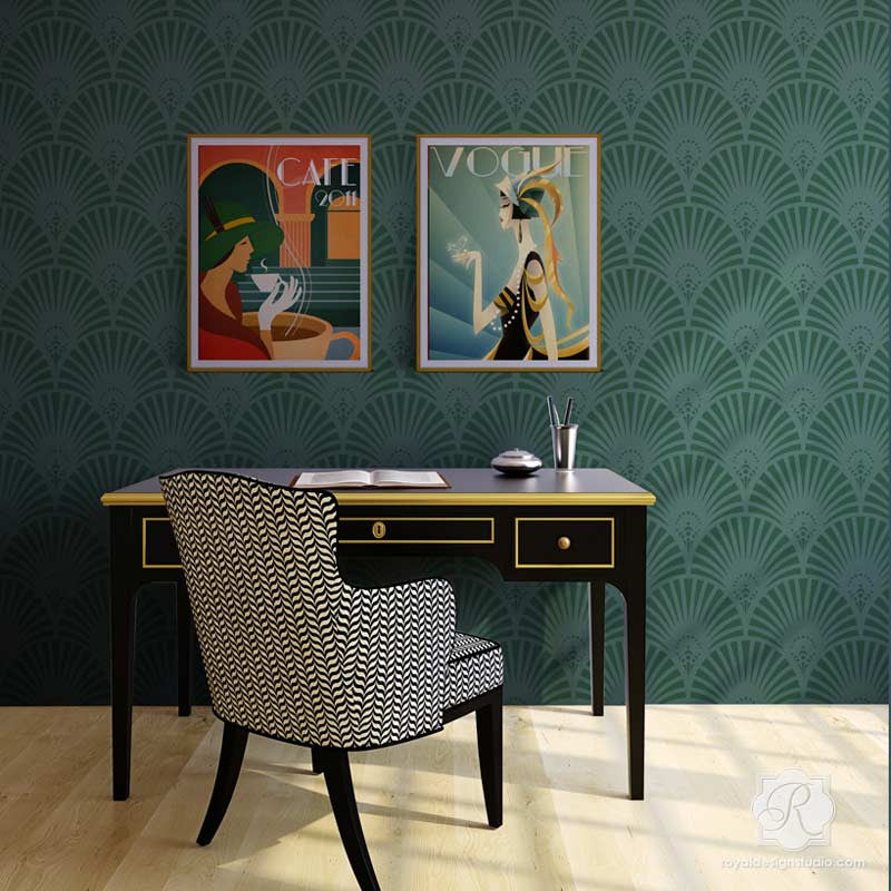 Designer Retro Wallpaper Look using Gatsby Glam Art Deco Wall Stencils - Royal Design Studio