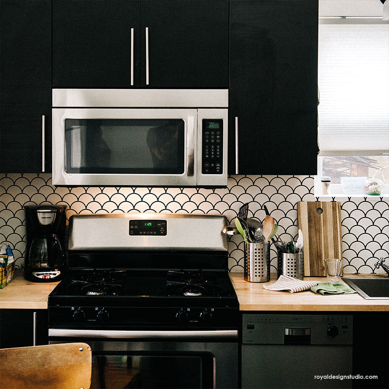 Scallop Tile Kitchen Backsplash - DIY Painted Tiles - Custom Kitchen Design - Scallop Stencil from Royal Design Studio Stencils