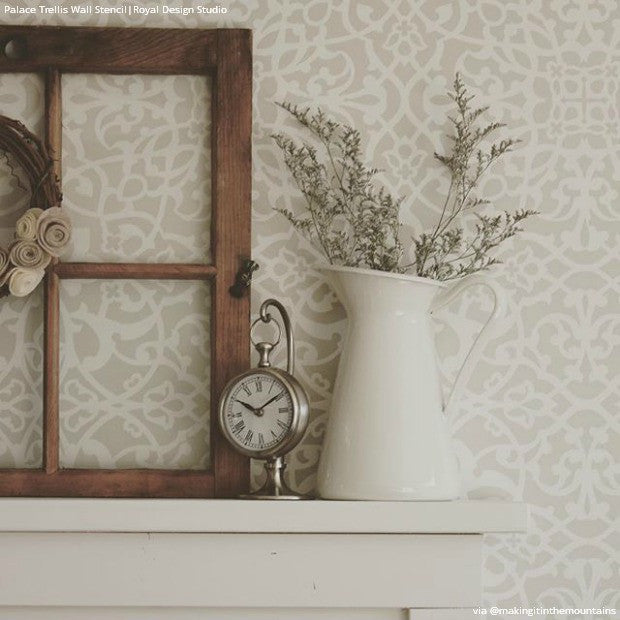 Shabby Chic Chalk Paint Rustic Farmhouse Bedroom - Palace Trellis Wall Stencils - Royal Design Studio
