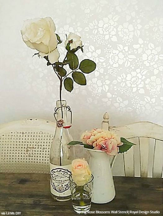 Spring Rose Blossoms Wall Stencils for Painting Accent Wall or Concrete Floor - Royal Design Studio