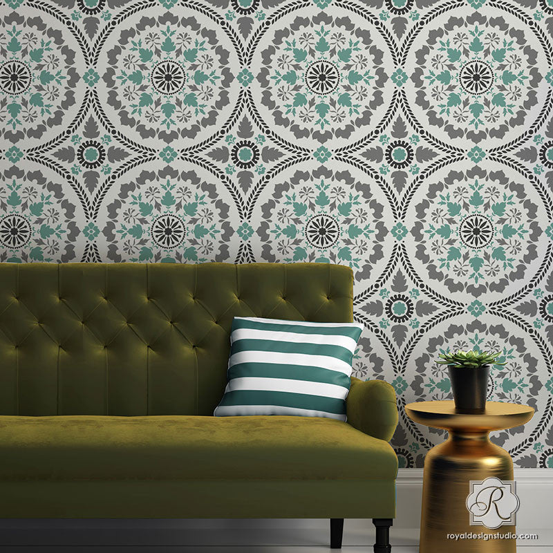DIY Painted Wallpaper Look with Large Suzani Designs - Mandala Fusion Tile Stencil - Royal Design Studio