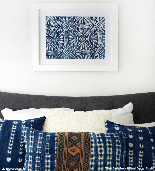 DIY Wall Art with Tribal Batik Patterns - Indigo Color Trend and Wall Stencils