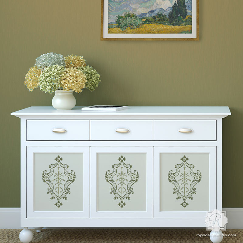 Painting furniture with classic Italian designs - Villa Damask Furniture Stencils - Royal Design Studio