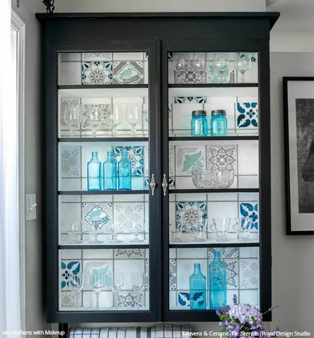 Blue Glass Cabinet Vintage Shabby Chic Tile Furniture Stencils - Royal Design Studio