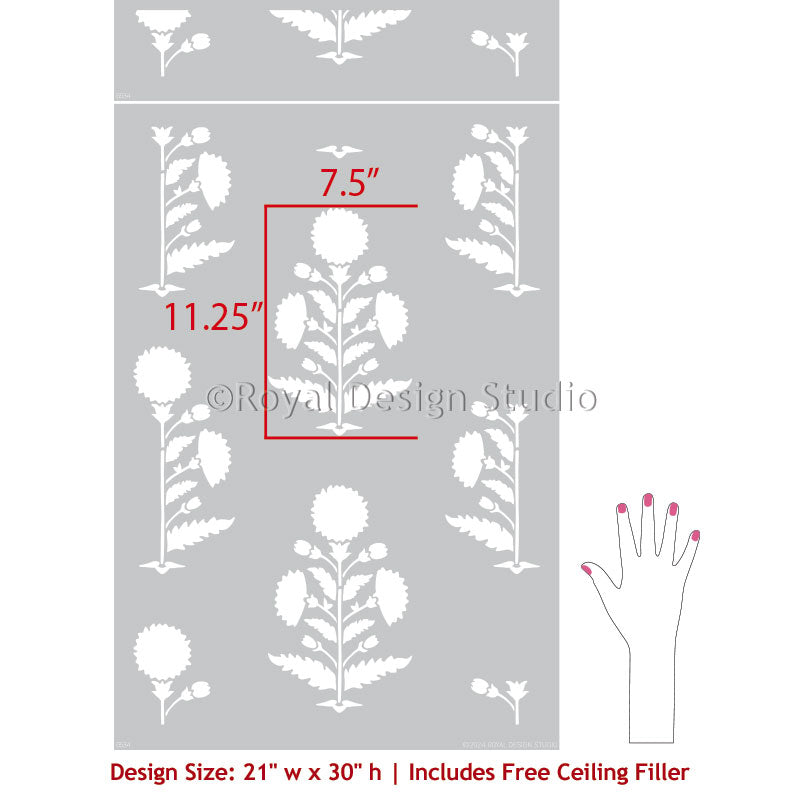 Amazing Floral Block Print Pattern Wall Stencil-Custom DIY Walls Decor free-printable-border-stencils