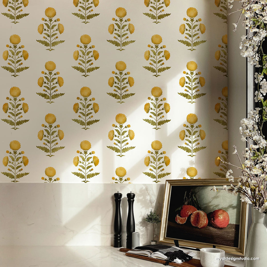 Amazing Floral Block Print Pattern Wall Stencil-Custom DIY Walls Decor